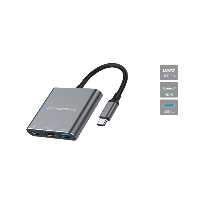 Conceptronic DONN18G DONN18G, Alámbrico, USB 3.2 Gen 1 (3.1 Gen 1) Type-C, 100 W, Gris, 5 Gbit/s, 4K Ultra HD