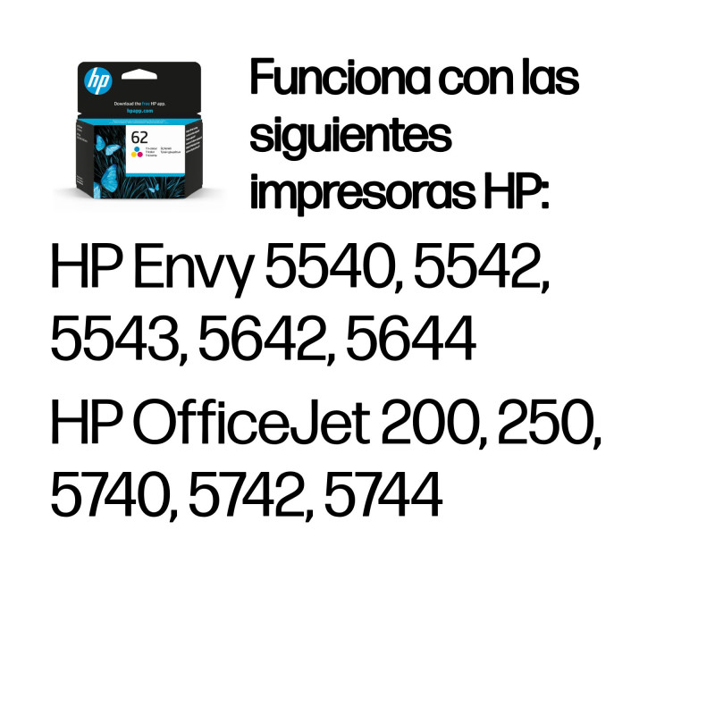 HP C2P06AE Cartucho de tinta original 62 tricolor, Estándar, Cian, Magenta, Amarillo, Tinta a base de colorante, 4,5 ml, 1