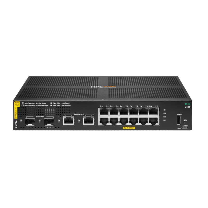 HPE JL679A Aruba Networking CX 6100 12G Class4 PoE 2G/2SFP+ 139W Switch, Gestionado, L3, Gigabit Ethernet (10/100/1000),