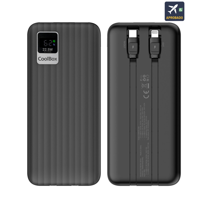 CoolBox COO-PB10K-DP10 POWERBANK DP10 10000MAH LCD+CABLES INTEGRADOS USB-C+LIGHTING NEGRO CARGA RAPIDA