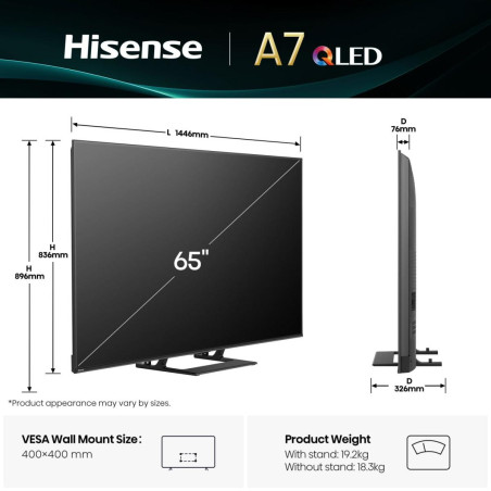 Hisense 20016065 A7Q 65A7Q, 165,1 cm (65"), 3840 x 2160 Pixeles, QLED, Smart TV, Wifi, Negro