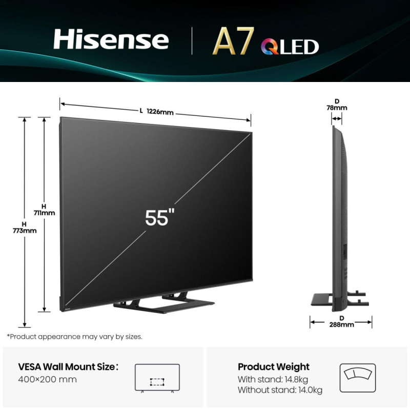 Hisense 20016324 A7Q 55A7Q, 139,7 cm (55"), 3840 x 2160 Pixeles, QLED, Smart TV, Wifi, Negro