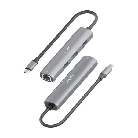 AISENS ASUC-4P038-GR Dock USB-C A Ethernet Gigabit + Hub 3xUSB-A, Gris, 15cm, Alámbrico, USB 3.2 Gen 1 (3.1 Gen 1) Type-C,