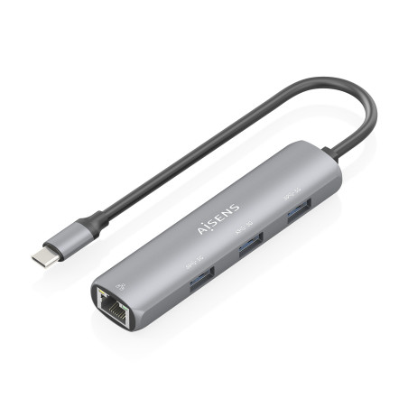 AISENS ASUC-4P038-GR Dock USB-C A Ethernet Gigabit + Hub 3xUSB-A, Gris, 15cm, Alámbrico, USB 3.2 Gen 1 (3.1 Gen 1) Type-C,