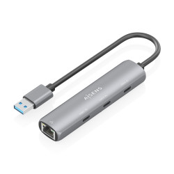 AISENS ASUC-4P037-GR USB3.0 Dock USB-A A Ethernet Gigabit + Hub 3xUSB-C, Gris, 15cm, Alámbrico, USB 3.2 Gen 1 (3.1 Gen 1)