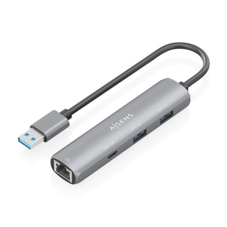 AISENS ASUC-4P035-GR USB3.0 Dock USB-A A Ethernet Gigabit + Hub 1xUSB-C+2xUSB-A, Gris, 15cm, Alámbrico, USB 3.2 Gen 1 (3.1 Gen