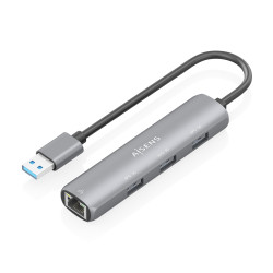 AISENS ASUC-4P034-GR USB3.0 Dock USB-A A Ethernet Gigabit + Hub 3xUSB-A, Gris, 15cm, Alámbrico, USB 3.2 Gen 1 (3.1 Gen 1)
