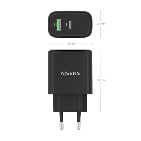 AISENS A110-0972 Cargador GaN 45W, 1xUSB-C PD3.0 QC4.0, 1xUSB-A QC3.0, Negro, Interior, Corriente alterna, 20 V, Negro