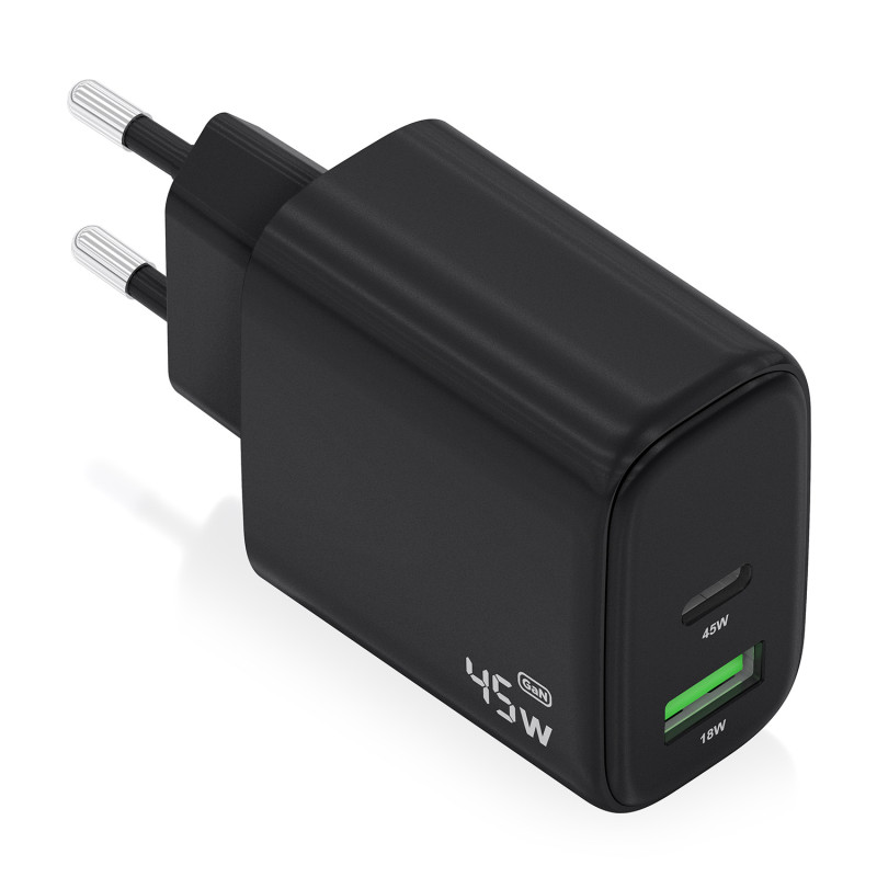 AISENS A110-0972 Cargador GaN 45W, 1xUSB-C PD3.0 QC4.0, 1xUSB-A QC3.0, Negro, Interior, Corriente alterna, 20 V, Negro