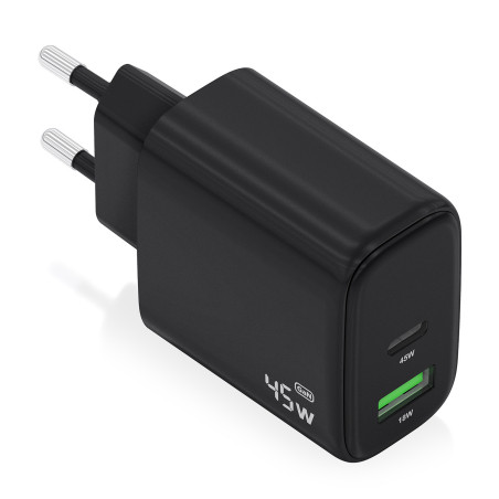 AISENS A110-0972 Cargador GaN 45W, 1xUSB-C PD3.0 QC4.0, 1xUSB-A QC3.0, Negro, Interior, Corriente alterna, 20 V, Negro