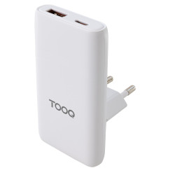 TooQ TQWC-GANSL65W1A1C Cargador de viaje Tipo C y Tipo A, GaN 65W, USB-C/PD + USB-A/QC, Blanco, Interior, Corriente alterna, 20