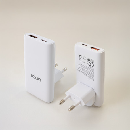 TooQ TQWC-GANSL65W1A1C Cargador de viaje Tipo C y Tipo A, GaN 65W, USB-C/PD + USB-A/QC, Blanco, Interior, Corriente alterna, 20