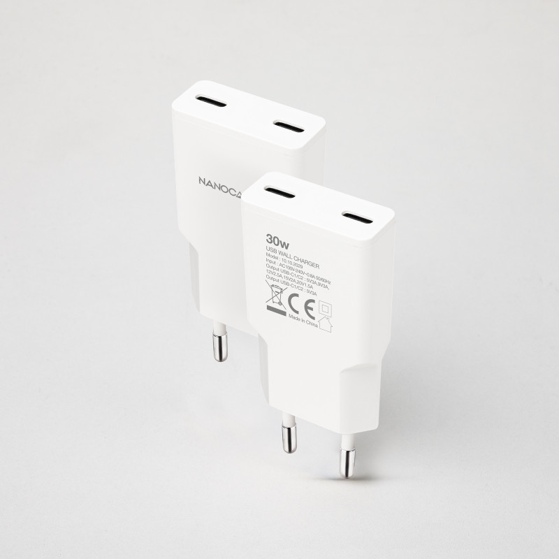 Nanocable 10.10.2029 Cargador 2xUSB-C/PD 30W, Blanco, Interior, Corriente alterna, 20 V, 3 A, Blanco