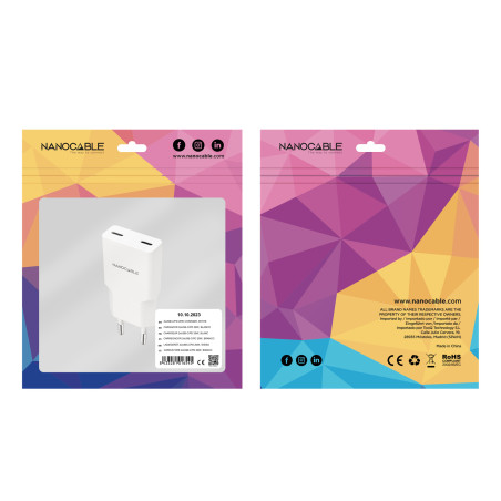 Nanocable 10.10.2023 Cargador 2xUSB-C/PD 20W, Blanco, Interior, Corriente alterna, 12 V, 3 A, Blanco