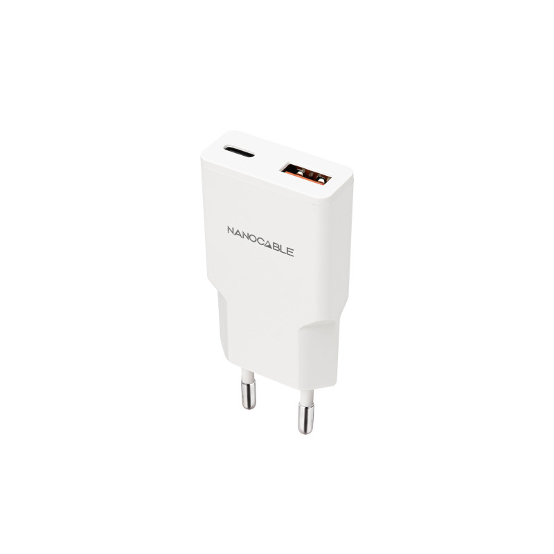 Nanocable 10.10.2022 Cargador USB-C/PD 20W + USB-A/QC 20W, Blanco, Interior, Corriente alterna, 12 V, 3 A, Blanco