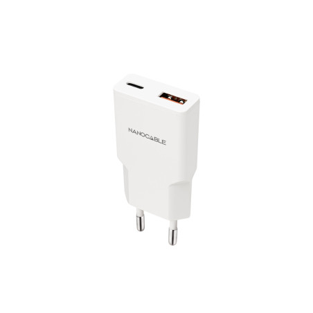 Nanocable 10.10.2022 Cargador USB-C/PD 20W + USB-A/QC 20W, Blanco, Interior, Corriente alterna, 12 V, 3 A, Blanco