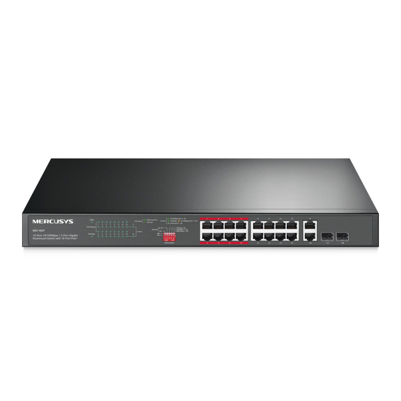 Mercusys MS118CP 16-PORT 10/100MBPS+ 2-PORT GB RCK 16-PORT POE+, No administrado, Fast Ethernet (10/100), Energía sobre