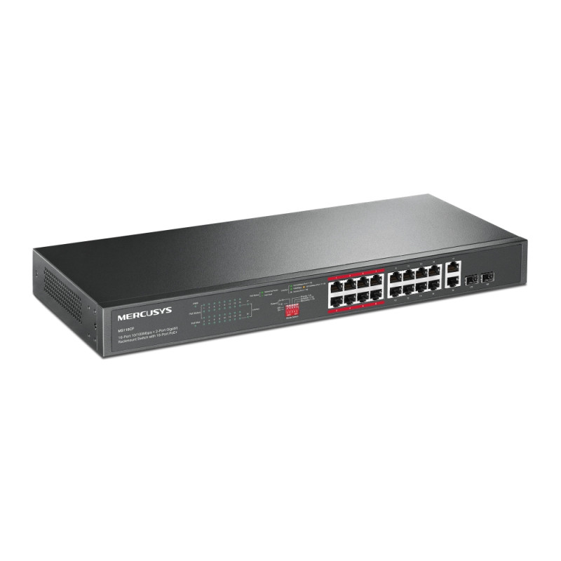 Mercusys MS118CP 16-PORT 10/100MBPS+ 2-PORT GB RCK 16-PORT POE+, No administrado, Fast Ethernet (10/100), Energía sobre