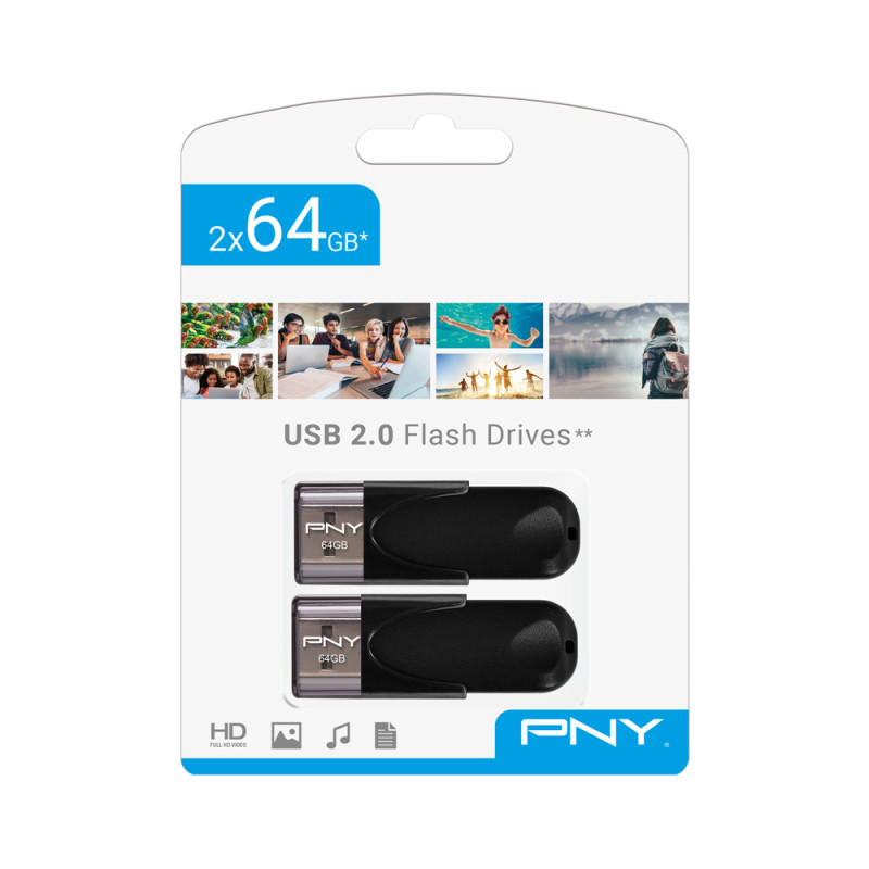 PNY FD64GATT4X2-EF Attaché 4 2.0 64GB, 64 GB, USB tipo A, 2.0, 25 MB/s, Tapa, Negro
