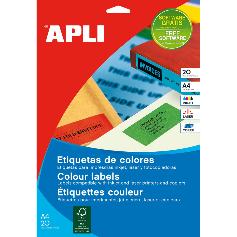 APLI APLI 1599 Etiquettes 210x297 jaunes jet/laser/copieur 20 feuilles, Amarillo, Rectángulo, Permanente, 210 x 297, A4,