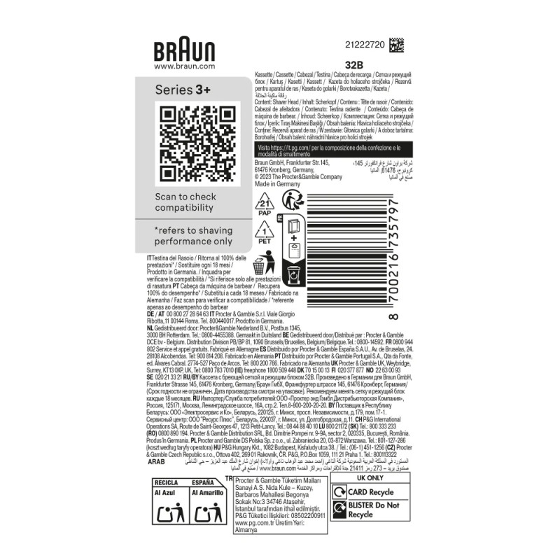 Braun 735797 Series 3 735797, Cabezal para afeitado, 1 cabezal(es), Negro, Acero inoxidable, 18 mes(es), Braun, Series 3+ 32 B