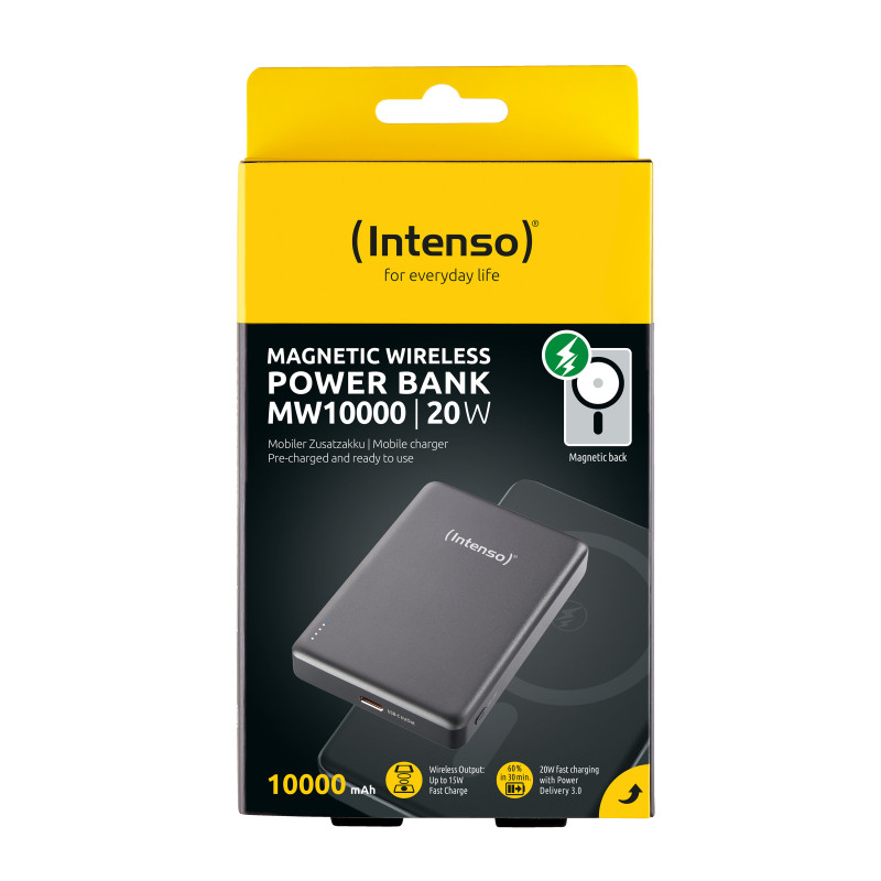 Intenso 7344034 Batería Externa Magnética MW10000 10000 mAh – Compatible con MagSafe, Carga Inalámbrica 15W, USB-C PD 20W,