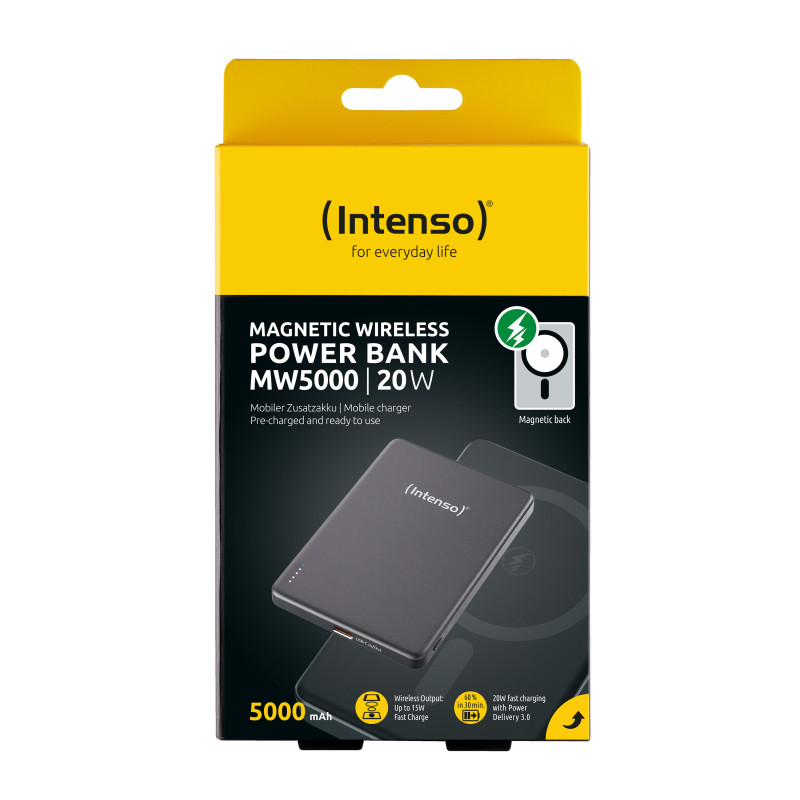 Intenso 7344024 Batería Externa Magnética MW5000 5000 mAh – Compatible con MagSafe, Carga Inalámbrica 15W, USB-C PD 20W,