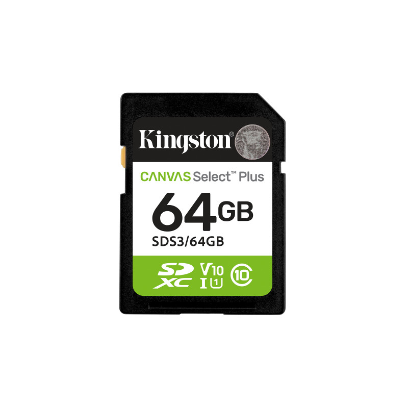 Kingston Technology SDS3/64GB 64 GB SDXC Canvas Select Plus Gen3 100 MB/s C10 UHS-I U1 V10, 64 GB, SD, Clase 10, UHS-I, 100