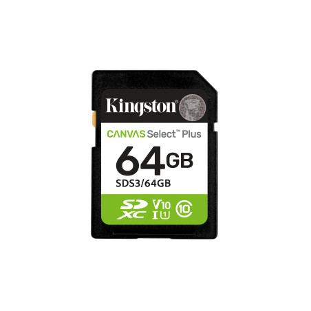 Kingston Technology SDS3/64GB 64 GB SDXC Canvas Select Plus Gen3 100 MB/s C10 UHS-I U1 V10, 64 GB, SD, Clase 10, UHS-I, 100