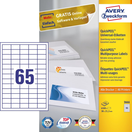 Avery 3666 3666, Blanco, Rectángulo, Permanente, 38 x 21.2 mm, A4, Papel
