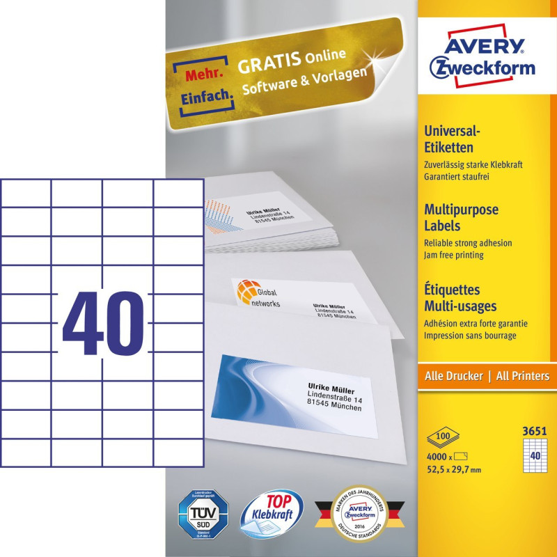 Avery 3651 3651, Blanco, Rectángulo, Permanente, 52.5 x 29.7 mm, A4, Papel