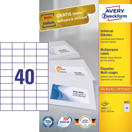 Avery 3651 3651, Blanco, Rectángulo, Permanente, 52.5 x 29.7 mm, A4, Papel