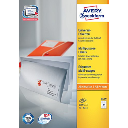 Avery 3479 Etiquetas blancas - ECOLÓGICAS, CERTIFICADAS FSC® 70 x 32 mm, Blanco, Etiqueta para impresora autoadhesiva, A4,