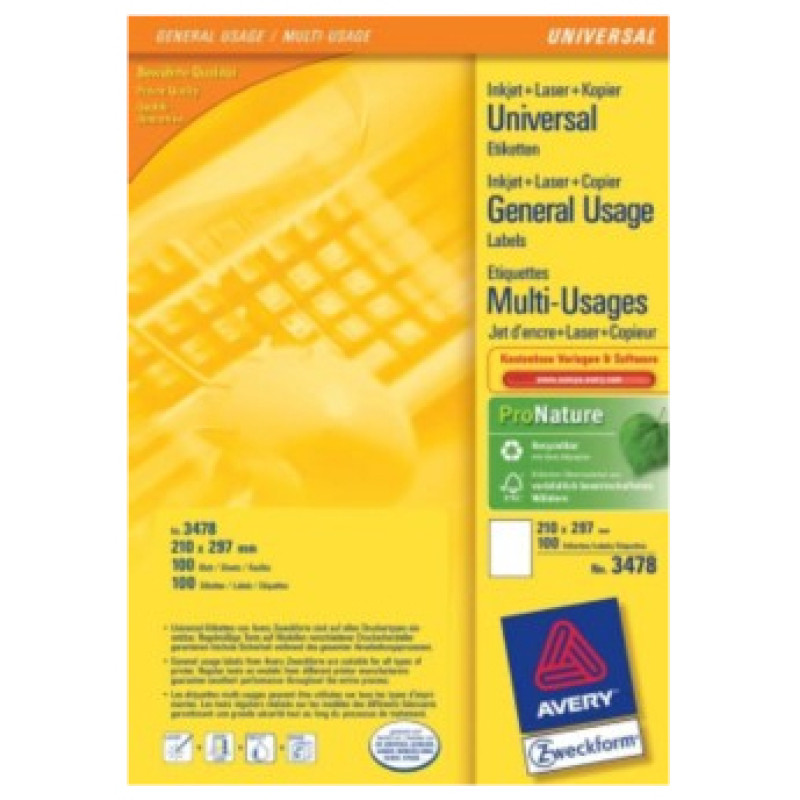 Avery 3478 Multi-Function Labels, Blanco, Papel, Laser, 210 x 297, 100 pieza(s), 100 hojas