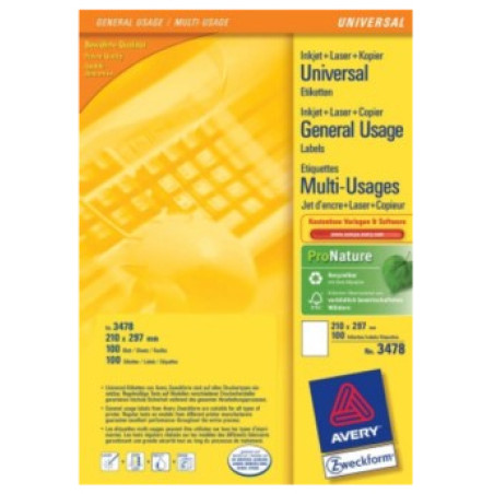 Avery 3478 Multi-Function Labels, Blanco, Papel, Laser, 210 x 297, 100 pieza(s), 100 hojas