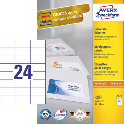 Avery 3474 3474, Blanco, Rectángulo, Permanente, 70 x 37 mm, A4, Papel