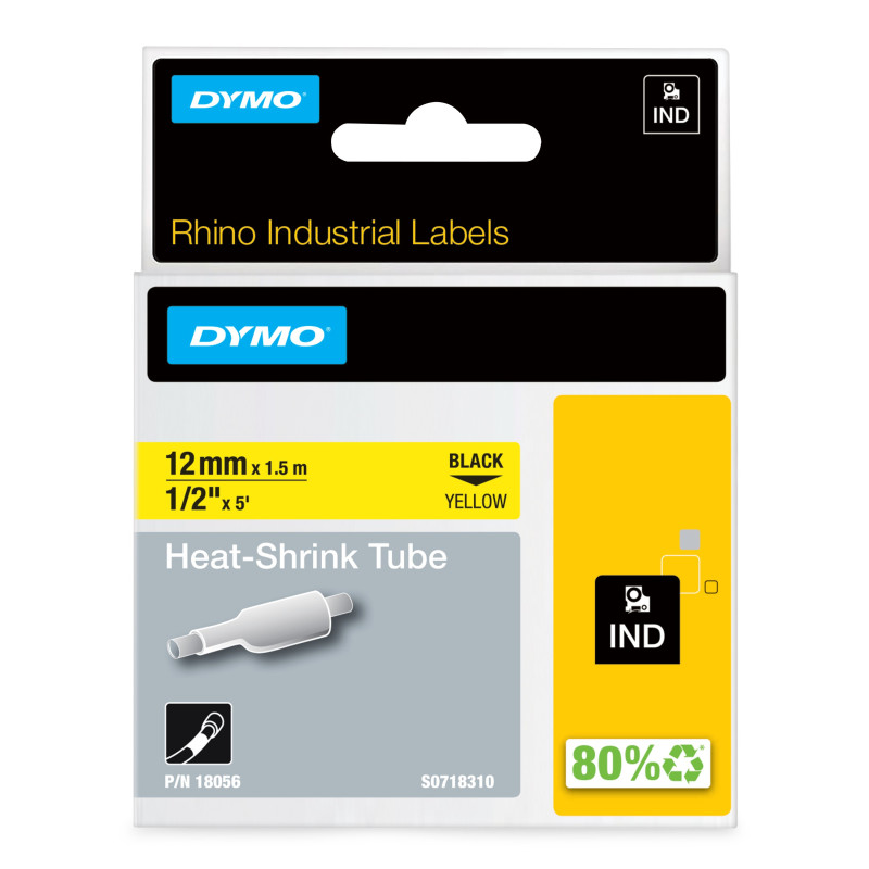 DYMO 18056 Rhino etiquetas industriales de tubo termorretráctil | 12 mm x 1,5 m | de color negro sobre fondo amarillo, Negro
