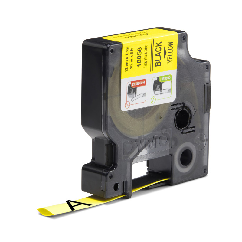 DYMO 18056 Rhino etiquetas industriales de tubo termorretráctil | 12 mm x 1,5 m | de color negro sobre fondo amarillo, Negro
