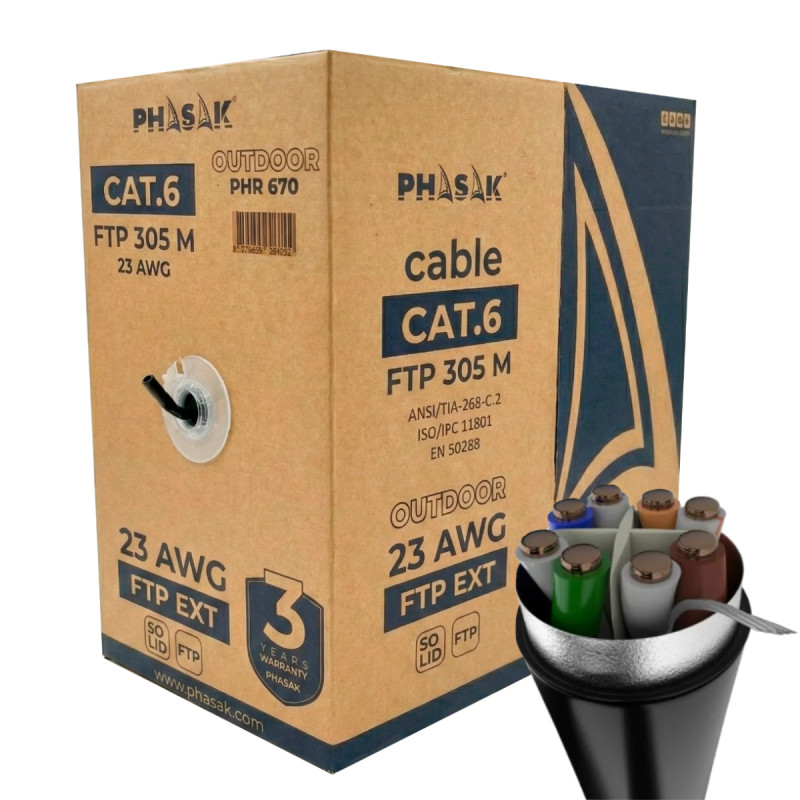 Phasak PHR 670 Bobina de cable de red FTP Cat.6 exterior CCA AWG23 305 m – PHR 670, 305 m, Cat6, F/FTP (FFTP), Negro