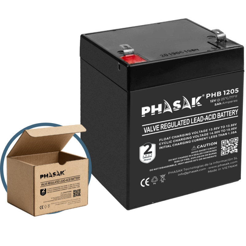 Phasak PHB 1205 Batería 12V 5Ah - PHB 1205, 12 V, 5 Ah, 1 pieza(s), Negro, 20 h, 108 A