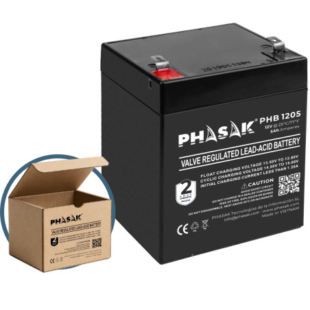 Phasak PHB 1205 Batería 12V 5Ah - PHB 1205, 12 V, 5 Ah, 1 pieza(s), Negro, 20 h, 108 A