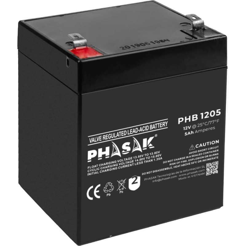 Phasak PHB 1205 Batería 12V 5Ah - PHB 1205, 12 V, 5 Ah, 1 pieza(s), Negro, 20 h, 108 A