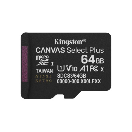 Kingston Technology SDCS3/64GBSP 64GB micSDXC Canvas Select Plus Gen3 100R A1 (Adaptador de SD no incluido), 64 GB, MicroSDXC,