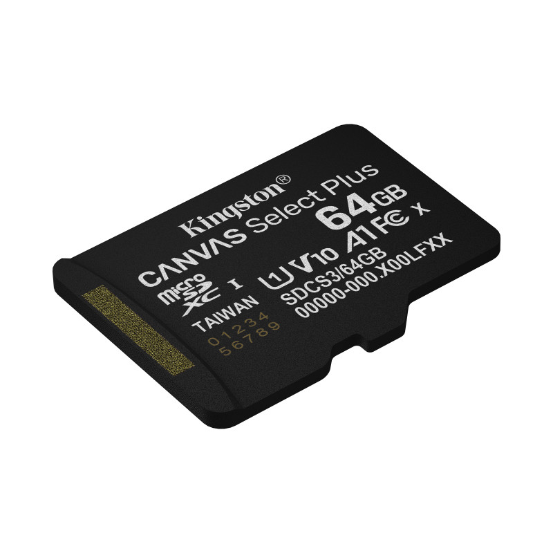 Kingston Technology SDCS3/64GBSP 64GB micSDXC Canvas Select Plus Gen3 100R A1 (Adaptador de SD no incluido), 64 GB, MicroSDXC,