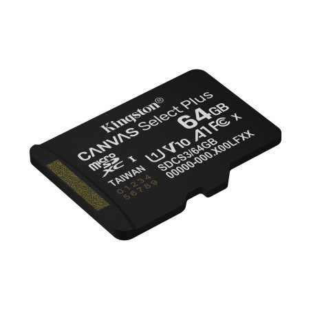 Kingston Technology SDCS3/64GBSP 64GB micSDXC Canvas Select Plus Gen3 100R A1 (Adaptador de SD no incluido), 64 GB, MicroSDXC,