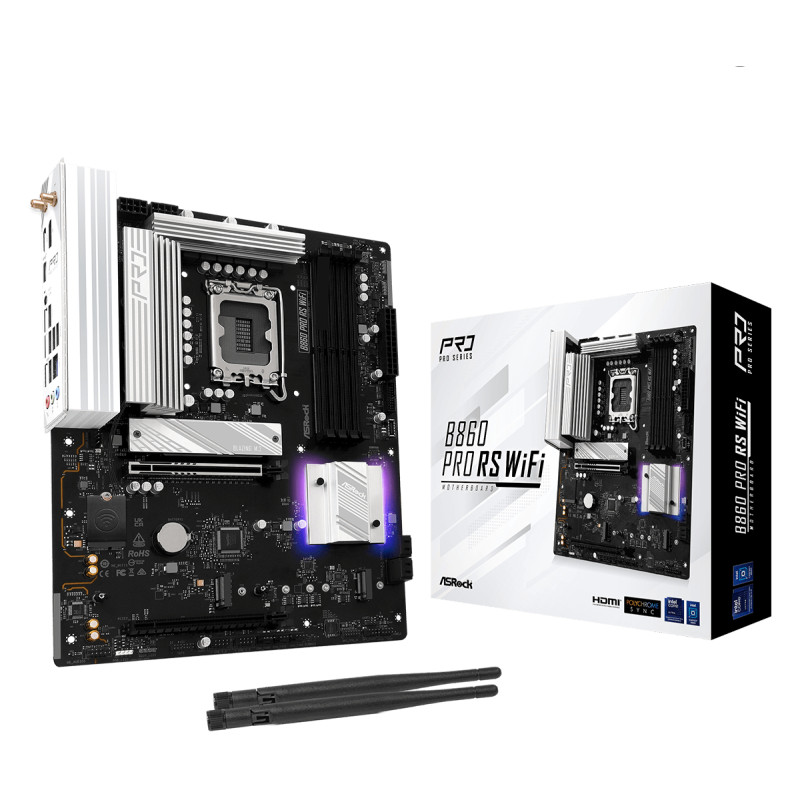 Asrock 90-MXBRK0-A0UAYZ B860 Pro RS WiFi, Intel, LGA 1851 (Socket V1), Intel Core Ultra (Series 2), DDR5-SDRAM, 256 GB, DIMM