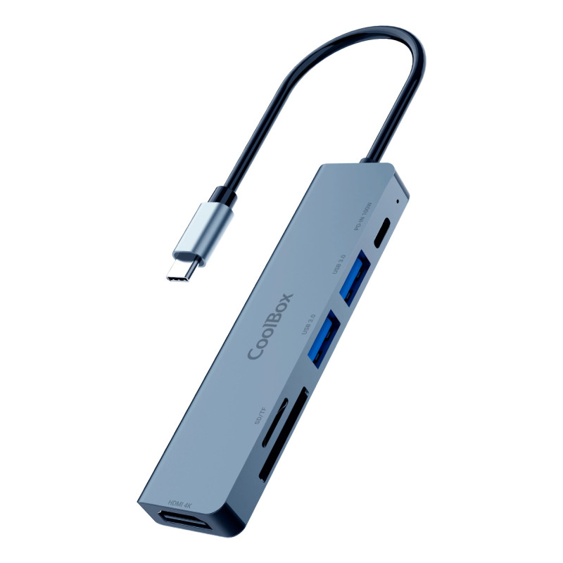 CoolBox COO-DOCK-C-61 MINIDOCK C61 ALUMINIO USB-C A HDMI 4K/2xUSB-A/USB-C PD/SD/MICROSD PC/MAC/CONSOLAS, Alámbrico, USB 3.2
