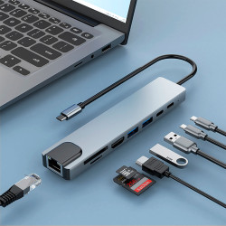CoolBox COO-DOCK-C-81 MINIDOCK C81 ALUMINIO USB-C A HDMI 4K/2xUSB-A/PD 100W/USB-C/SD/MICROSD/RJ45, Alámbrico, USB 3.2 Gen 1 2