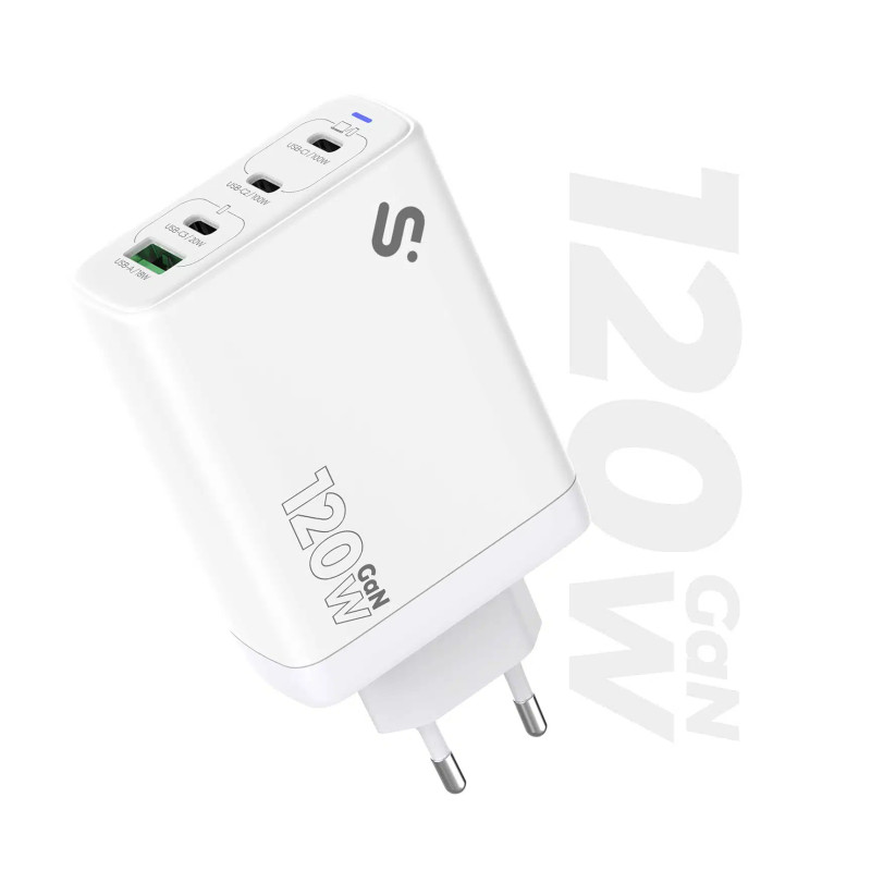 SUBBLIM SUBCHG-6G1204 Cargador GaN 120W USB-C, 4 Puertos (3x USB-C + 1x USB-A), Interior, Corriente alterna, 20 V, Blanco