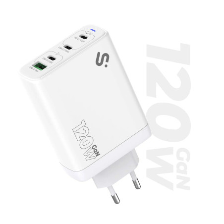 SUBBLIM SUBCHG-6G1204 Cargador GaN 120W USB-C, 4 Puertos (3x USB-C + 1x USB-A), Interior, Corriente alterna, 20 V, Blanco